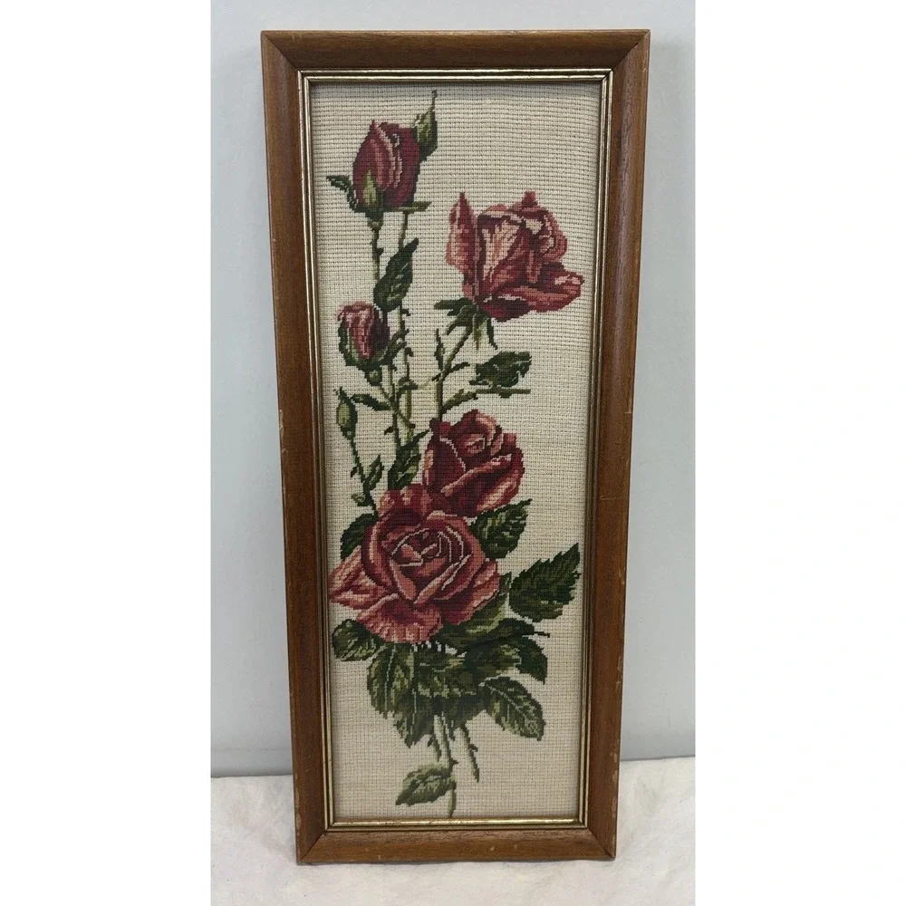 Vtg Framed Floral Roses Needlework Art Rectangular Gallery Wall Kitschy